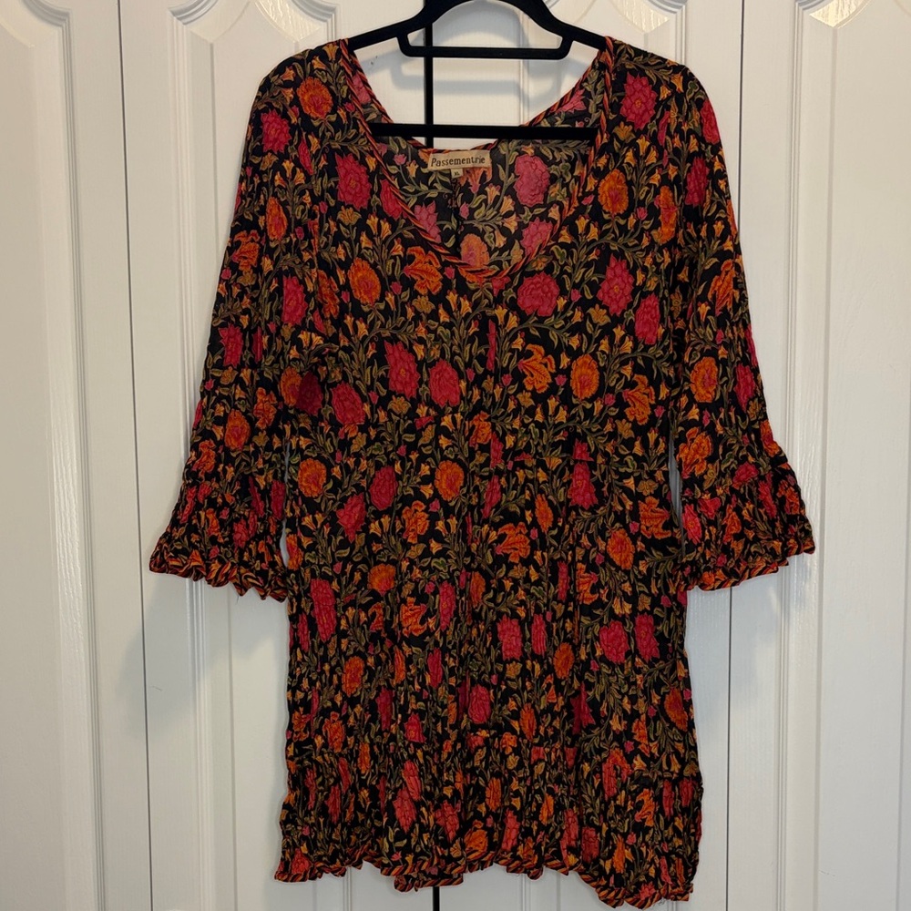 Passementrie Red Black Orange Floral Boho Dress with Ruffle Bell Sleeves XL